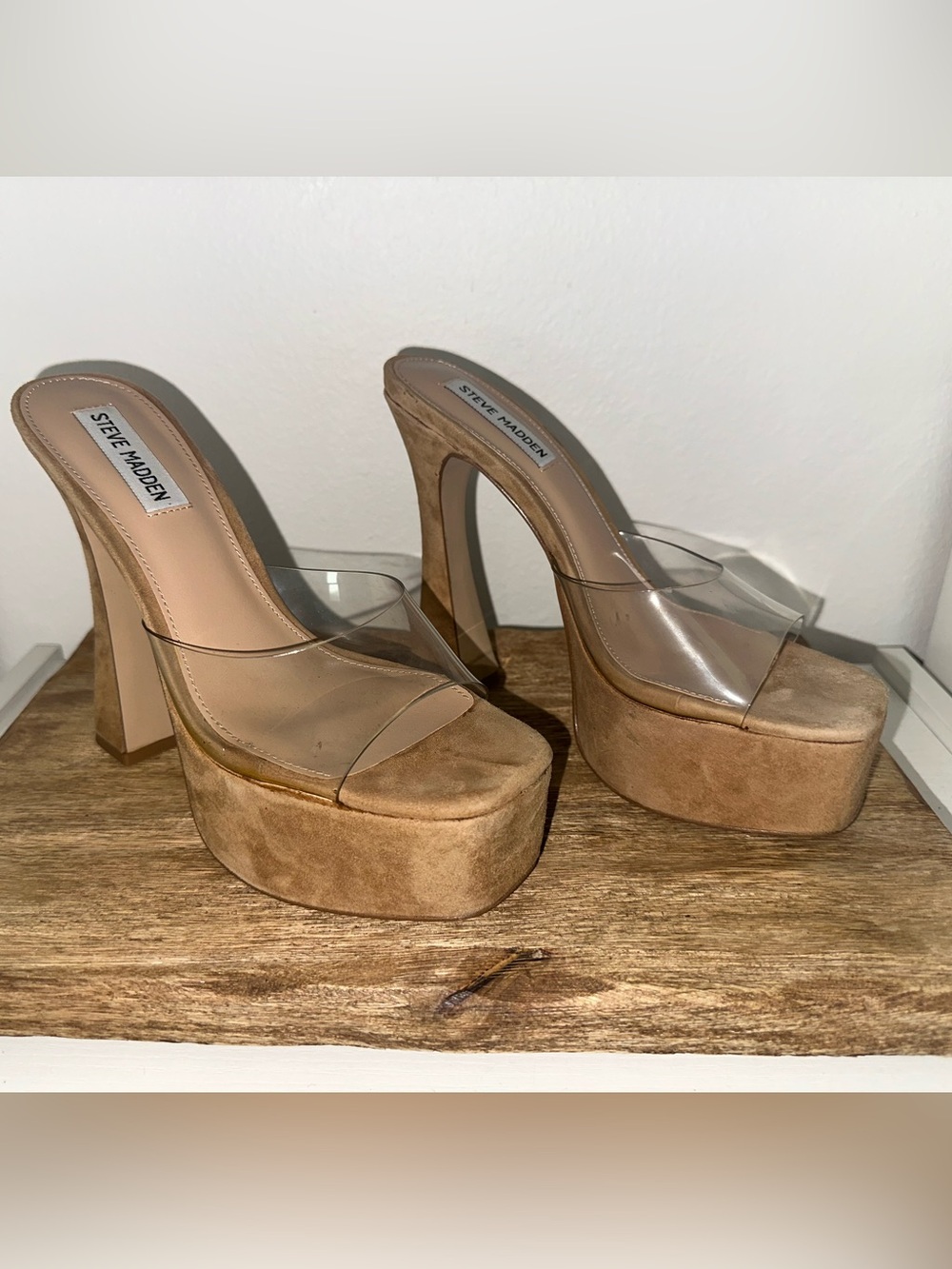 Steve Madden Tan Suede Platform Sandal with Clear Strap
